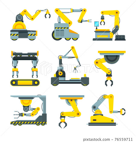 Robotic hands for machine industry. Illustrations of mechanical industrial equipment Robotic hands for machine industry. Illustrations of mechanical industrial equipment 76559711