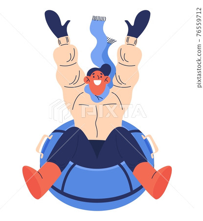 Young man riding snow tubing donut isolated on white. Cartoon vector character in winter casual clothes with raised hands smiling and racing with high speed 76559712