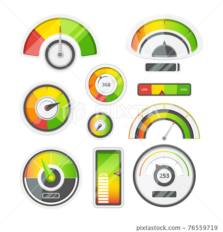Icon set of level meters, tachometer and battery level. pictures set Icon set of level meters, tachometer and battery level. pictures set 76559719