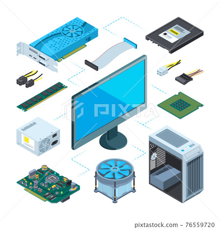 Isometric illustrations of computer hardware. pictures set Isometric illustrations of computer hardware. pictures set 76559720