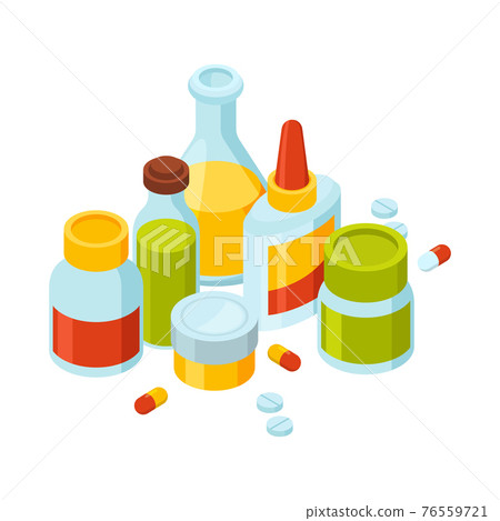 Different bottles with pills and drugs. illustration of medicine theme 76559721