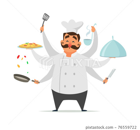 Multitasking chef cooking. funny character isolate on white Multitasking chef cooking. funny character isolate on white 76559722