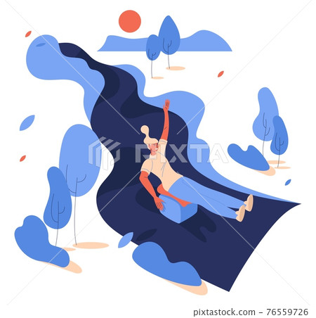 Woman riding ice blocking sledding summer activity. Landscape of park and happy cartoon character racing down the hill Woman riding ice blocking sledding summer activity. Landscape of park and happy cartoon character racing down the hill 76559726