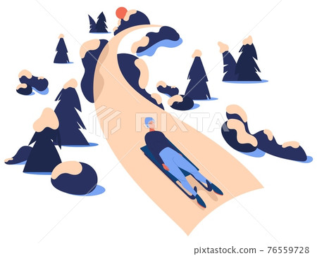 Luge sport racing down the hill. Young character on sled riding among trees and stones. Vector concept illustration Luge sport racing down the hill. Young character on sled riding among trees and stones. Vector concept illustration 76559728