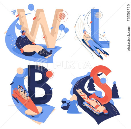 Capital english letters W for wok racing, B for bobsleigh, S for skeleton sport, L for luge isolated on white. Healthy characters riding down Capital english letters W for wok racing, B for bobsleigh, S for skeleton sport, L for luge isolated on white. Healthy characters riding down 76559729