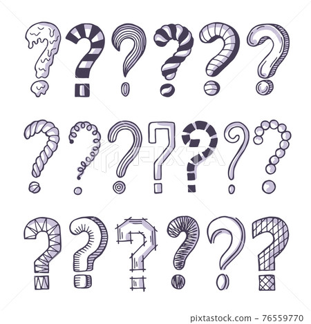 Monochrome pictures set of question marks. Doodle pictures isolate on white 76559770