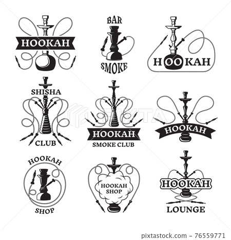 Illustrations and labels set of different hookahs. Lounge smoking 76559771