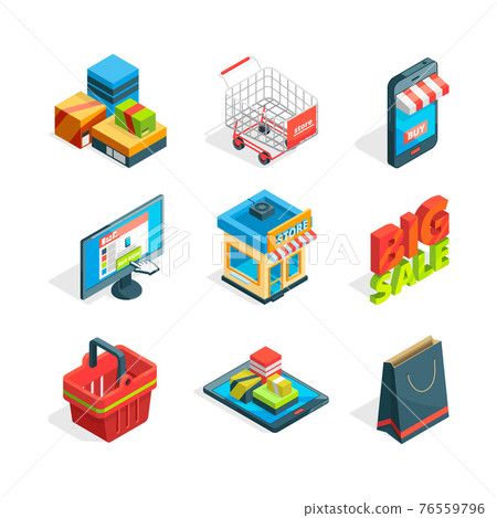 Isometric icon set of online shopping. Symbols of ecommerce. Buying in internet Isometric icon set of online shopping. Symbols of ecommerce. Buying in internet 76559796