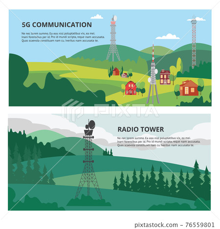 Set banners with 5G communication and radio towers flat vector illustration. 76559801