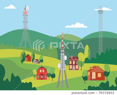 Landscape with telecommunication mobile phone towers, flat vector illustration. 76559803