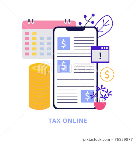 Tax online app with tax form on mobile phone, flat vector illustration isolated. Tax online app with tax form on mobile phone, flat vector illustration isolated. 76559877