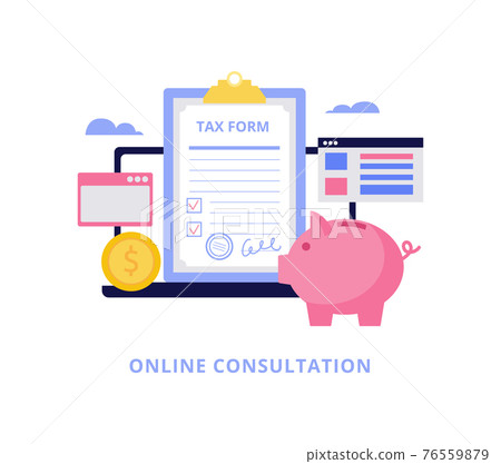 Tax consultation banner with piggy bank, flat vector illustration isolated. 76559879
