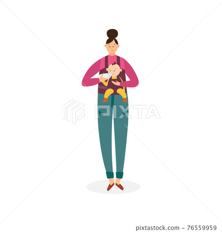 Mother feeding child with bottle - cartoon woman giving milk to baby Mother feeding child with bottle - cartoon woman giving milk to baby 76559959