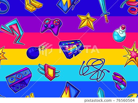 Seamless pattern with gaming items. Cyber sports, computer games, fun recreation. 76560504