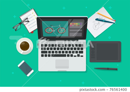 Workplace table of digital graphic web designer vector flat cartoon illustration top view, desktop or working desk for art illustrator on laptop computer software with tablet design 76561400