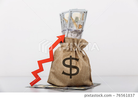 Money bag with dollar sign and red arrow up. Influx of investment and capital, increase of wealth 76561837