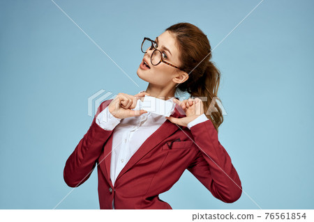 Business woman red jacket business card official glasses blue background 76561854