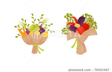 Bouquet of Fresh Vegetables with Green Leafy Twigs Wrapped in Craft Paper Vector Set Bouquet of Fresh Vegetables with Green Leafy Twigs Wrapped in Craft Paper Vector Set 76563487