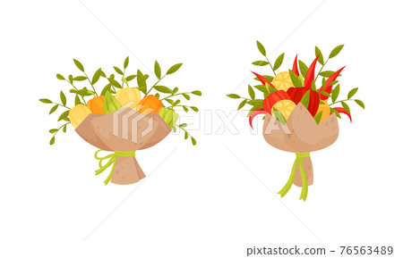Bouquet of Fresh Vegetables with Green Leafy Twigs Wrapped in Craft Paper Vector Set Bouquet of Fresh Vegetables with Green Leafy Twigs Wrapped in Craft Paper Vector Set 76563489
