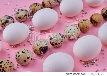 Close-up rows of quail and chicken eggs. 76564176