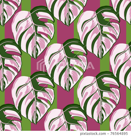 Tropical seamless pattern on striped background. Abstract texture decoration with leaf monstera pink color. Tropical seamless pattern on striped background. Abstract texture decoration with leaf monstera pink color. 76564895