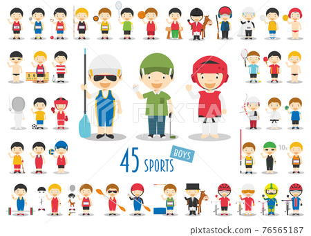 Big Set of 45 cute cartoon sport characters for kids. Funny cartoon boys. Olympics Sports vector illustrations 76565187