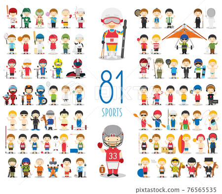 Set of 81 different sports in cartoon style. Kids characters vector illustration Set of 81 different sports in cartoon style. Kids characters vector illustration 76565535