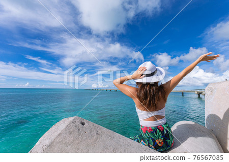 Woman waving towards the plane Woman waving towards the plane 76567085