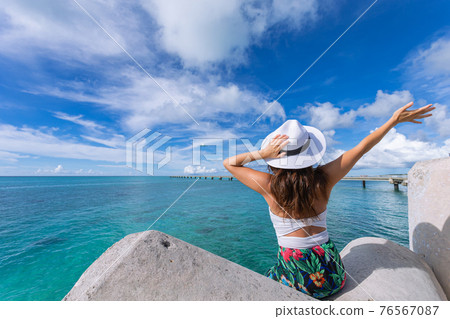 Woman waving towards the plane Woman waving towards the plane 76567087