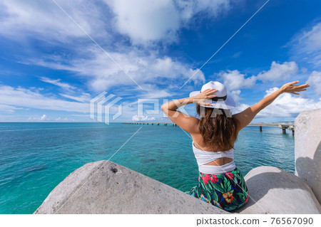 Woman waving towards the plane Woman waving towards the plane 76567090
