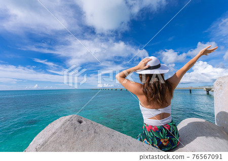 Woman waving towards the plane Woman waving towards the plane 76567091