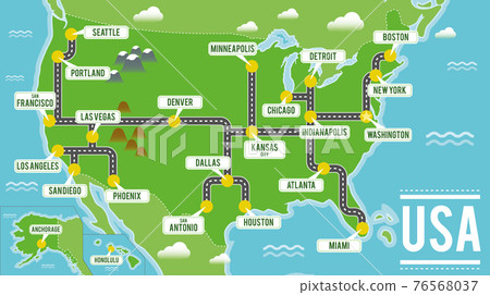 Cartoon vector map of USA. Travel illustration with american main cities. 76568037