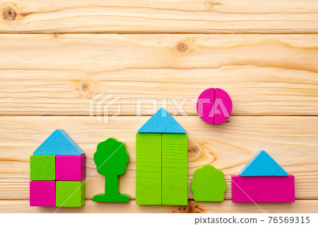 Multicolored details of toy constructor top view Multicolored details of toy constructor top view 76569315