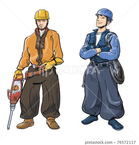 Two fashionable road construction workers 76572117