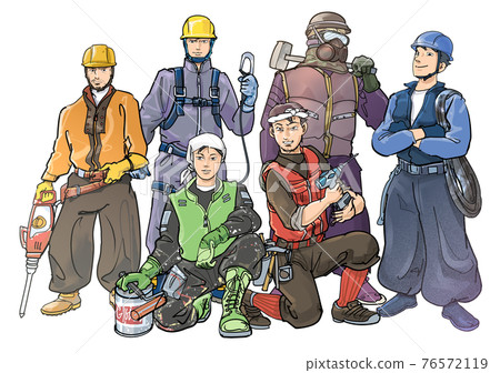 A team of 6 fashionable construction workers 76572119