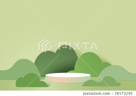 3d Paper cut abstract minimal geometric shape template background.White cylinder podium on green nature landscape. 76573295