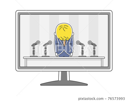 Illustration of a white man having an apology press conference on TV 76573993