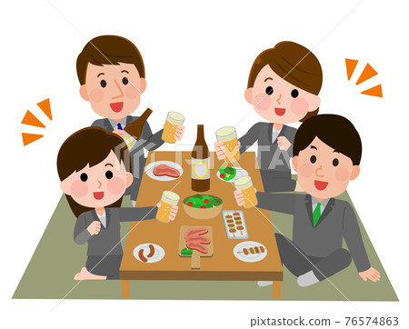 上班族男人和女人在居酒屋舉行酒會的插圖 插圖素材 圖庫