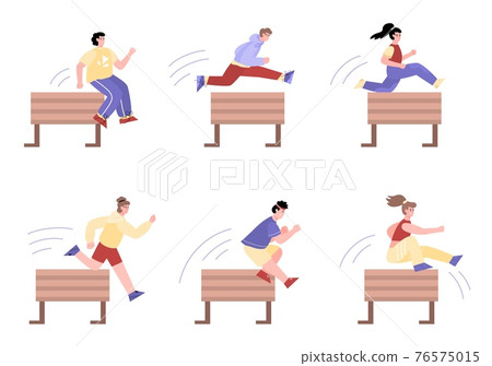 Sportive people jumping over obstacles or hurdles, cartoon vector isolated. Sportive people jumping over obstacles or hurdles, cartoon vector isolated. 76575015