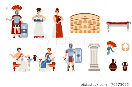 Ancient Rome characters and symbols set of cartoon vector illustrations isolated. 76575035