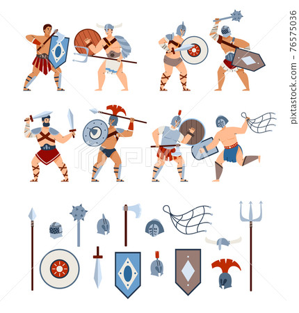 Set of gladiators warriors and weapon, cartoon vector illustration isolated. 76575036