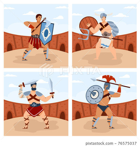Roman gladiators or legionary in armor with weapons on arena 76575037