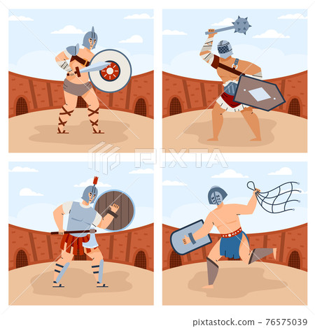Cards set with gladiators armed with various weapon cartoon vector illustration. 76575039