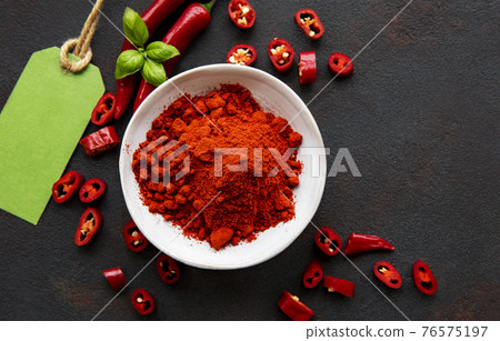 Red chili pepper, dried chillies on dark background. Top view 76575197