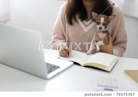Coronavirus. Business woman working from home with dog Concept home quarantine prevention COVID-19 Coronavirus outbreak situation. Coronavirus. Business woman working from home with dog Concept home quarantine prevention COVID-19 Coronavirus outbreak situation. 76575367