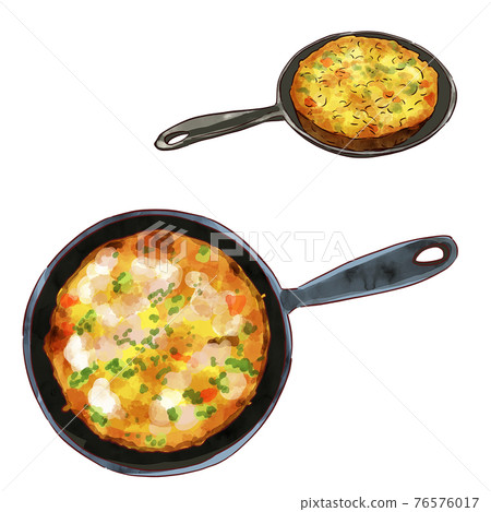 Open omelet illustration set baked with watercolor hand-painted skillet, with main line 76576017