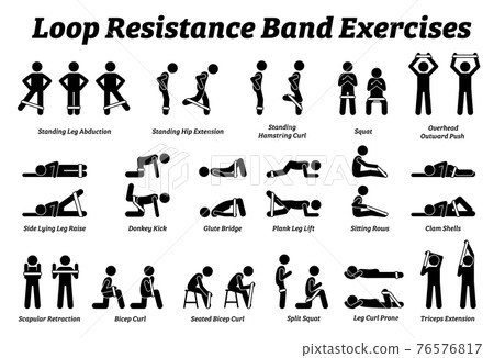 Loop resistance mini band exercises and stretch workout techniques in step by step. Vector illustrations of stretching exercises poses, postures, and methods with loop resistance band. Loop resistance mini band exercises and stretch workout techniques in step by step. Vector illustrations of stretching exercises poses, postures, and methods with loop resistance band. 76576817
