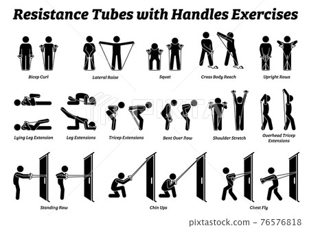 Resistance tubes band with handles exercises and stretch workout techniques in step by step. Vector illustrations of stretching exercises poses, postures, and methods with resistance tube band. 76576818