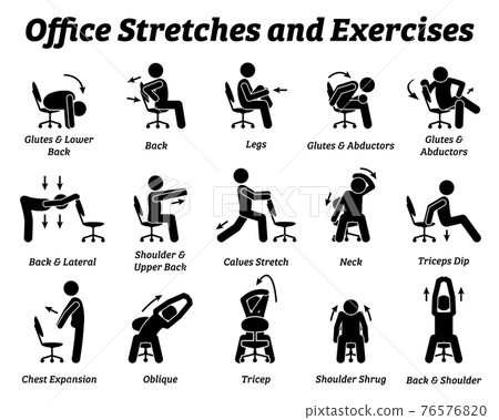 Working office stretches and exercises to relax tension muscle. Vector illustrations depict techniques and postures of a man stretching with an office chair at workplace. Working office stretches and exercises to relax tension muscle. Vector illustrations depict techniques and postures of a man stretching with an office chair at workplace. 76576820