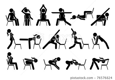 Chair yoga exercises stick figure pictogram icons. Vector illustrations of chair yoga postures, poses, and workout for beginners. 76576824